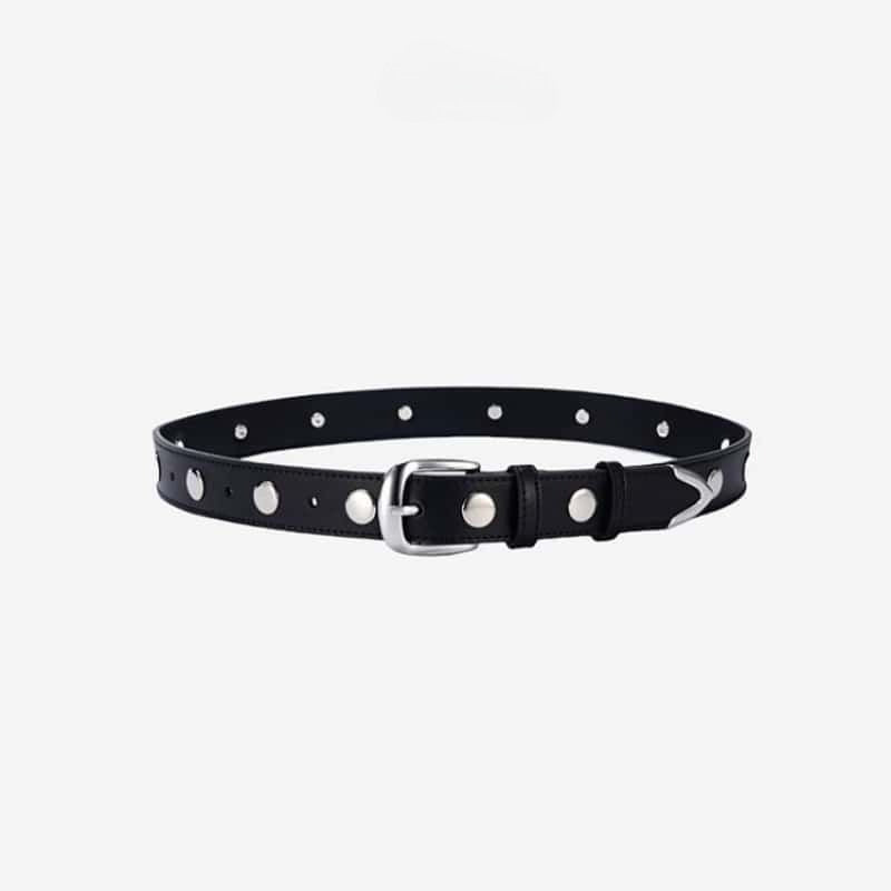 Rivet Leather Belt Silver Studded Pin Buckle Black Denim Waist Belt