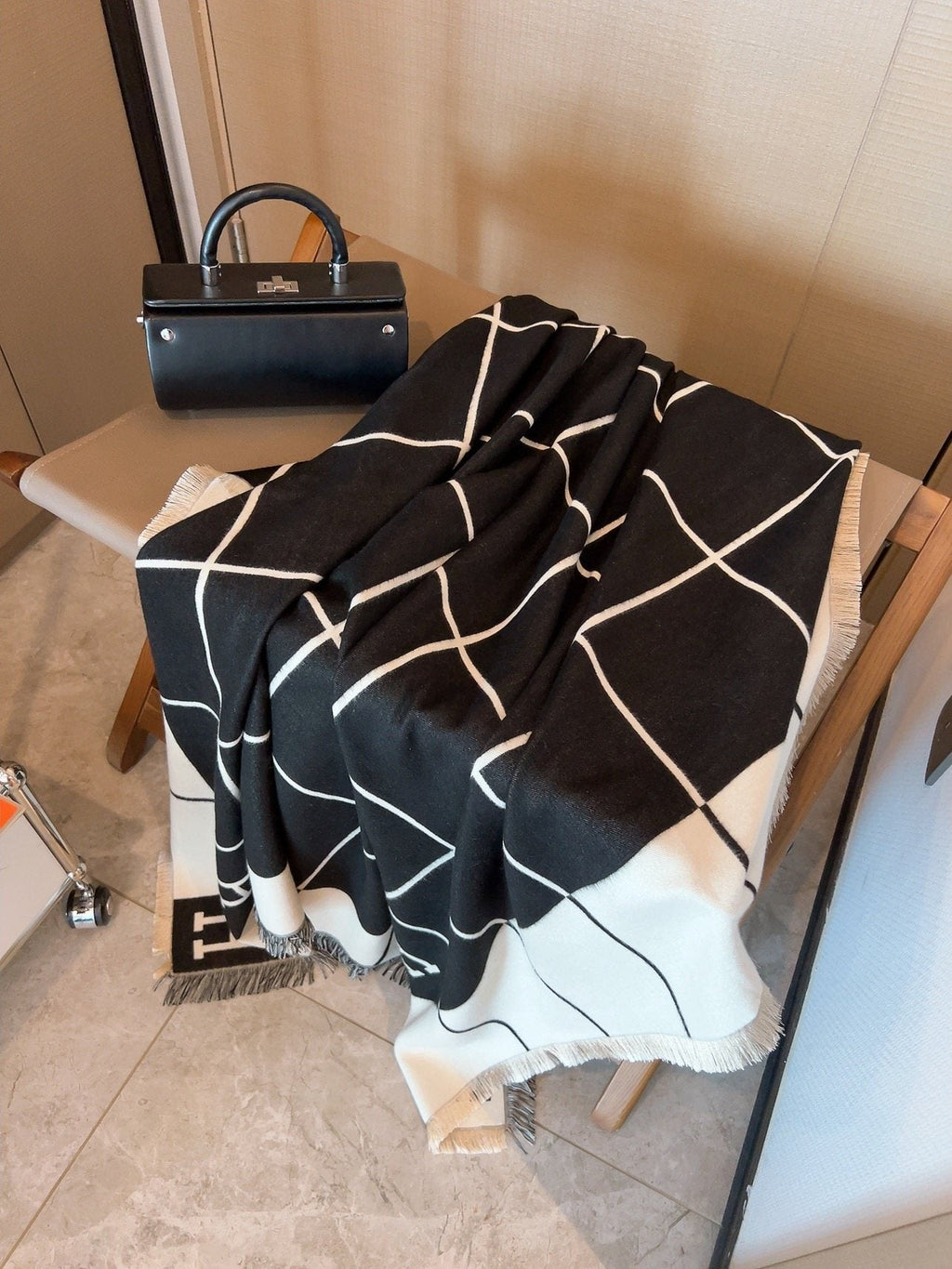 Hermès Black & Ivory Grid Square Scarf