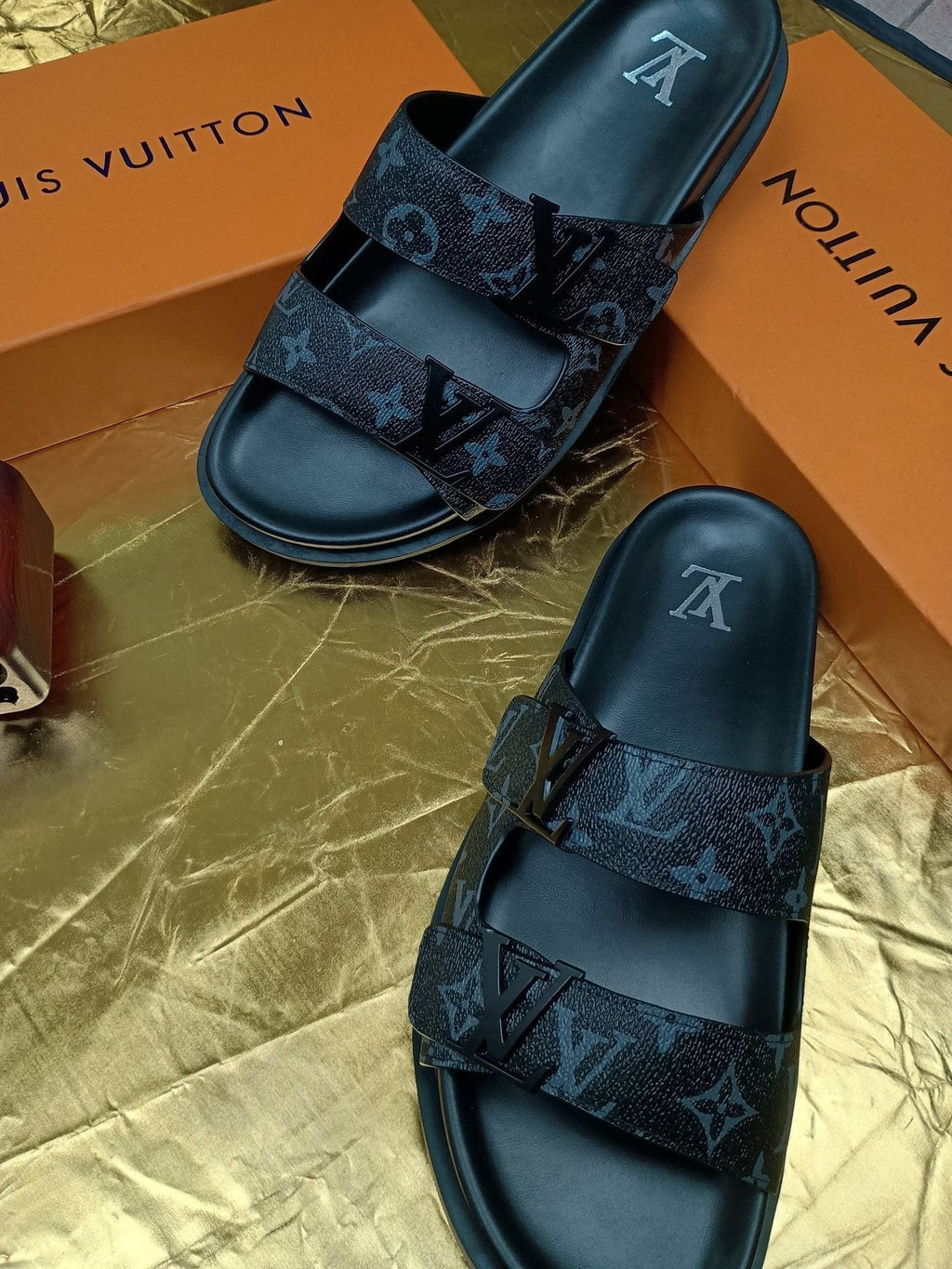 Louis Vuitton Dark Gray Monogram Slide Sandals - Black Footbed