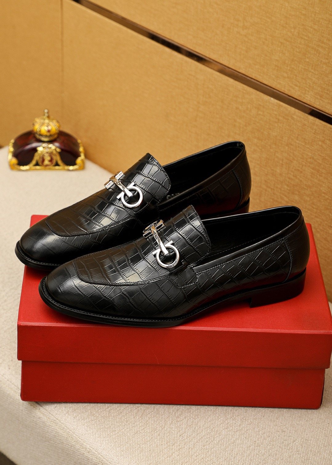 Ferragamo Men's Black Embossed Buckle Loafers - Silver-Tone Hardware