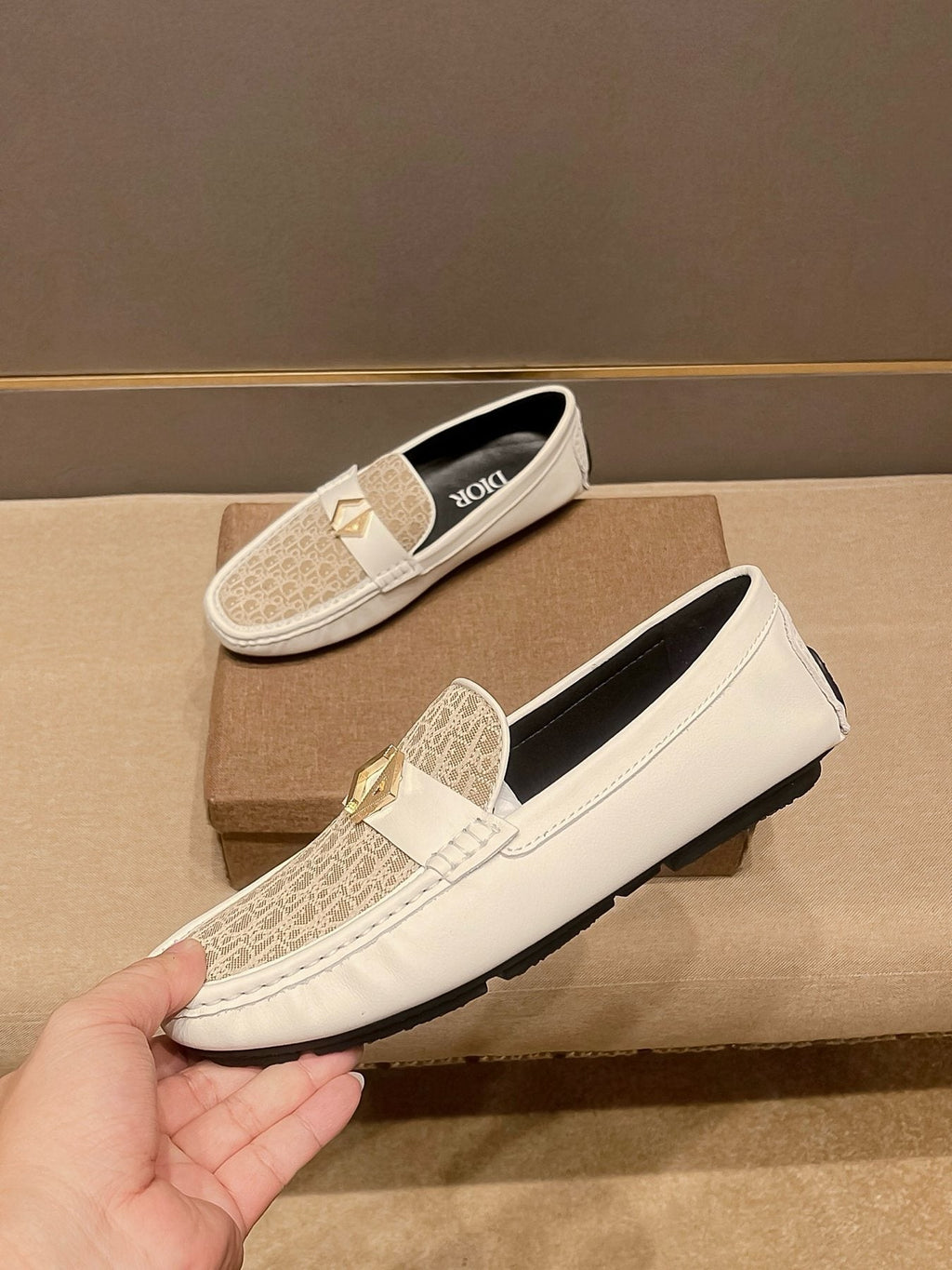 Dior Men's Ivory and Beige Patterned Loafers
