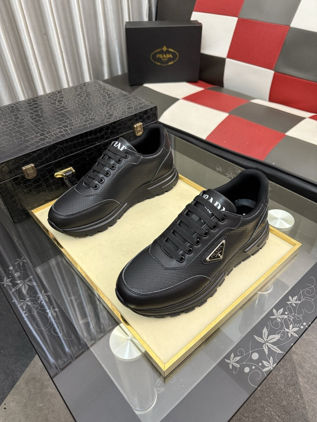 Prada Men's Triangle Plaque Lace-Up Sneakers