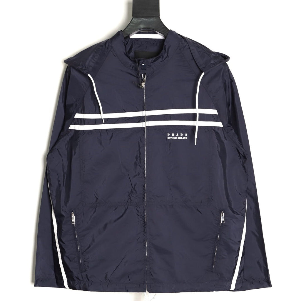 Prada Logo-Detail Contrast-Stripe Hooded Zip Jacket - Navy